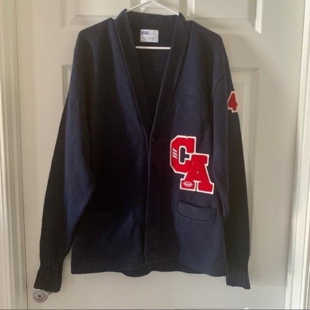AMF Varsity Cardigan Mens‎ Large Navy Blue Acrylic Chenille Patch Good - Picture 4 of 12
